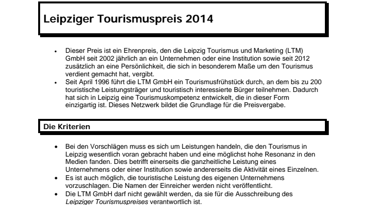 Leipziger Tourismuspreis 2014 Ausschreibung