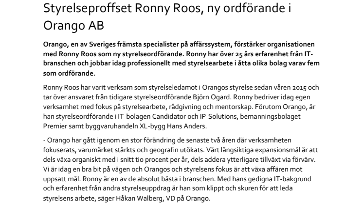 Styrelseproffset Ronny Roos, ny ordförande i Orango AB