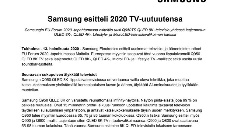 Samsung esitteli 2020 TV-uutuutensa 