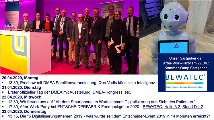 20.-23.04.2020: DMEA & Co: "Quo Vadis künstliche Intelligenz", "After-Work-Party", "Die 5 Digitalisierungsthemen 2019", etc.