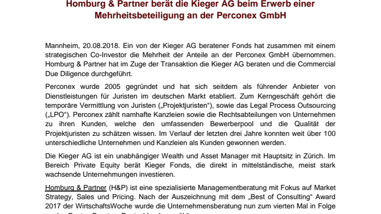 Homburg & Partner berät die Kieger AG beim Erwerb einer Mehrheitsbeteiligung an der Perconex GmbH