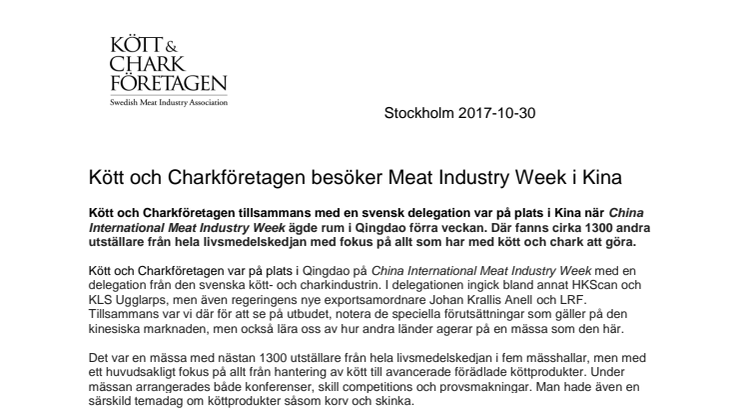 Kött och Charkföretagen besöker Meat Industry Week i Kina