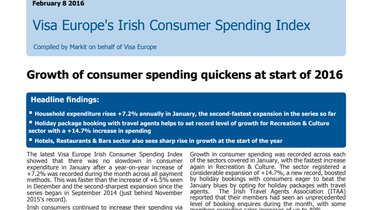 Visa Europe's Irish Consumer Spending Index - 8 February 2016
