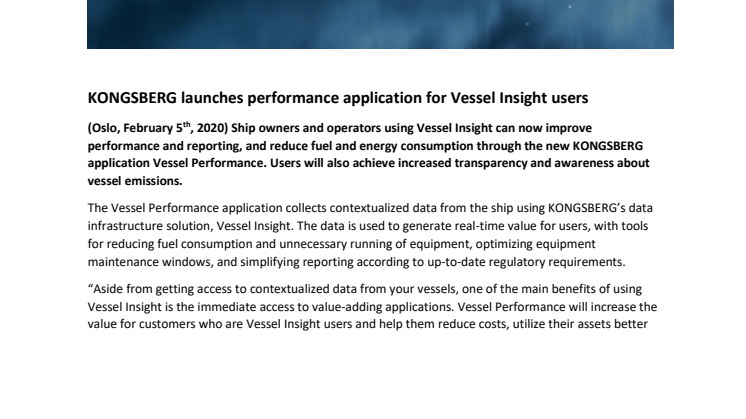 KONGSBERG launches performance application for Vessel Insight users