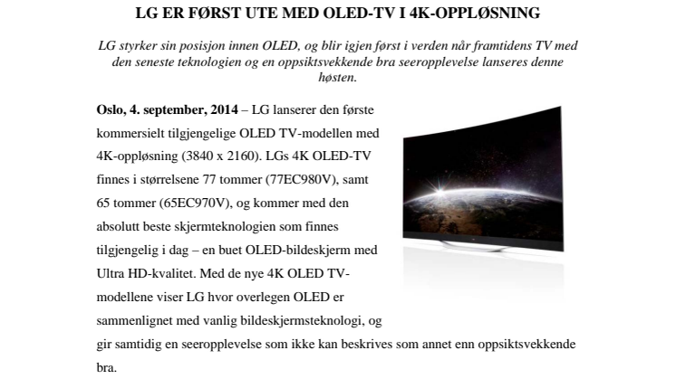 LG ER FØRST UTE MED OLED-TV I 4K-OPPLØSNING