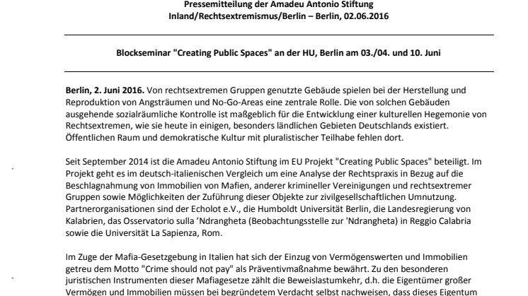 Blockseminar "Creating Public Spaces" an der HU, Berlin am 03./04. und 10. Juni