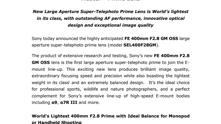 Sony tuo markkinoille odotetun 400mm F2.8 G Master™ Prime -objektiivin