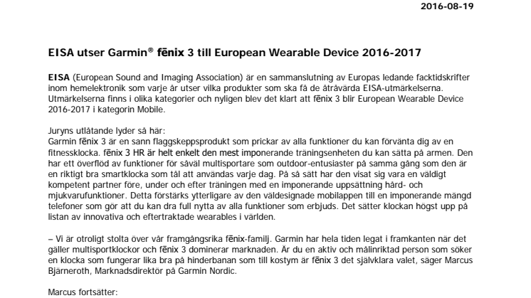 EISA utser Garmin® fēnix 3 till European Wearable Device 2016-2017
