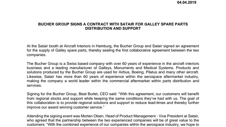 BUCHER GROUP SIGNS A CONTRACT WITH SATAIR FOR GALLEY SPARE PARTS 