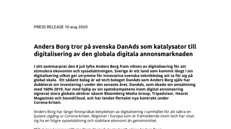 Anders Borg tror på svenska DanAds som katalysator till digitalisering av den globala digitala annonsmarknaden