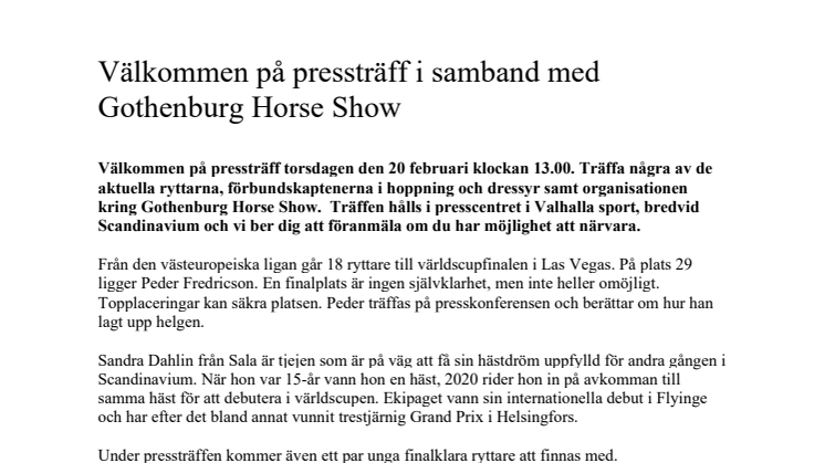 Välkommen på pressträff i samband med Gothenburg Horse Show