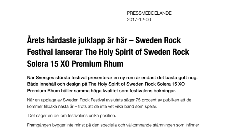 Årets hårdaste julklapp är här – Sweden Rock Festival lanserar The Holy Spirit of Sweden Rock Solera 15 XO Premium Rhum