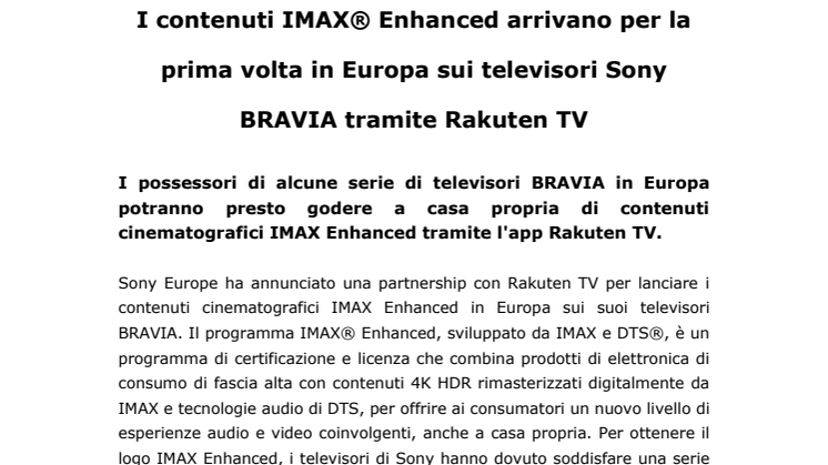 I contenuti IMAX® Enhanced arrivano per la prima volta in Europa sui televisori Sony BRAVIA tramite Rakuten TV