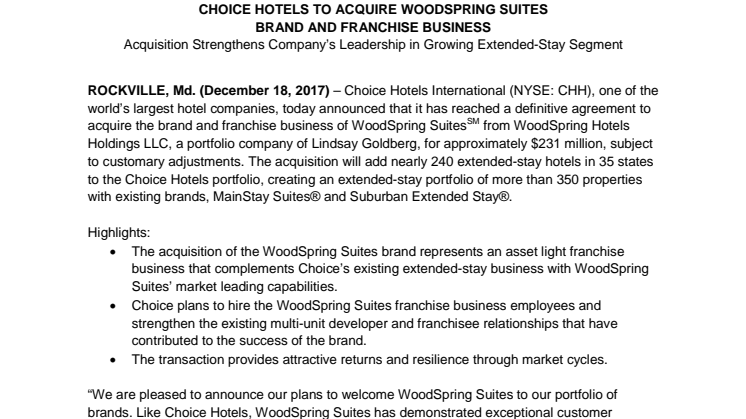Choice Hotels to Acquire WoodSpring Suites Brand and Franchise Business