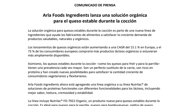 Arla Foods Ingredients lanza una solución orgánica para el queso estable durante la cocción 