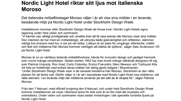 Nordic Light Hotel riktar sitt ljus mot italienska Moroso