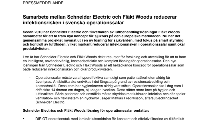 Samarbete mellan Schneider Electric och Fläkt Woods reducerar infektionsrisken i svenska operationssalar