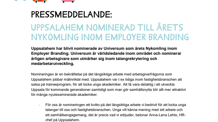Uppsalahem nominerad till årets nykomling inom Employer Branding