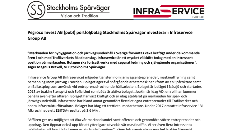 Pegroco Invest AB (publ) portföljbolag Stockholms Spårvägar investerar i Infraservice  Group AB