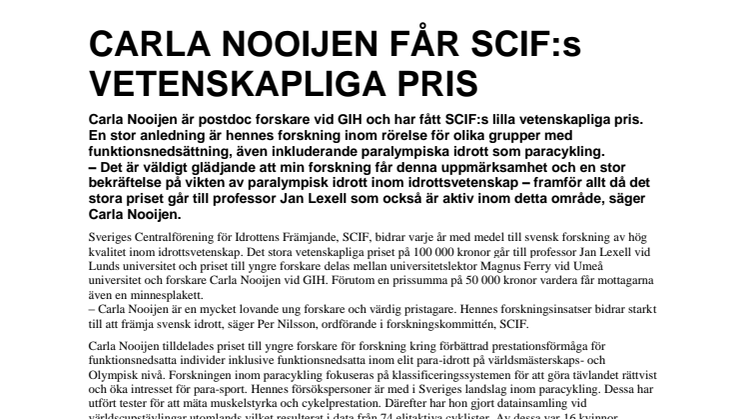 Carla Nooijen får SCIF:s vetenskapliga pris