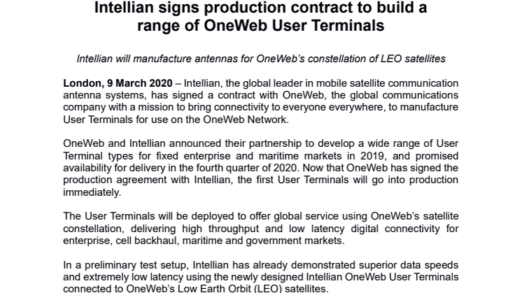 Intellian signs production contract to build a range of OneWeb User Terminals