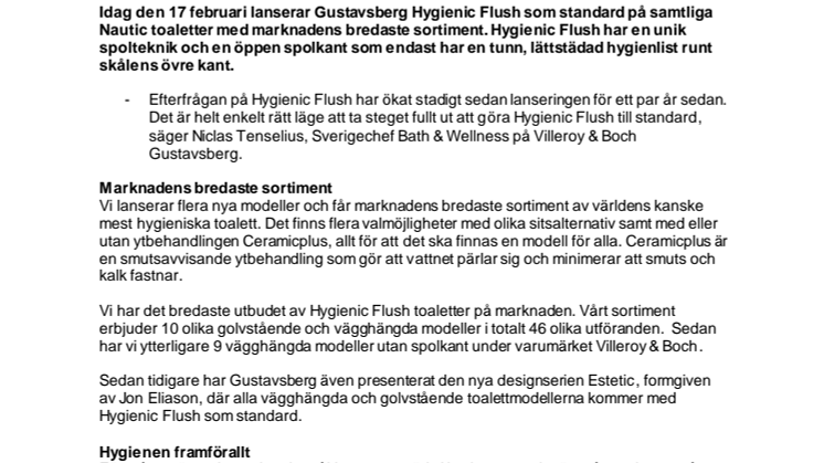 Gustavsberg lanserar marknadens bredaste sortiment med Hygienic Flush