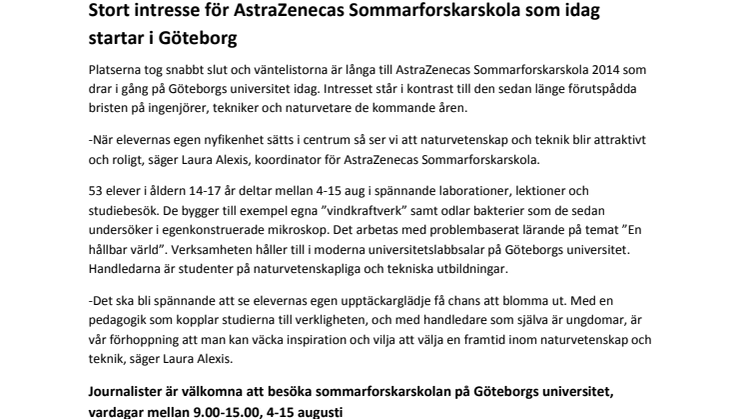 Stort intresse för AstraZenecas Sommarforskarskola som idag startar i Göteborg