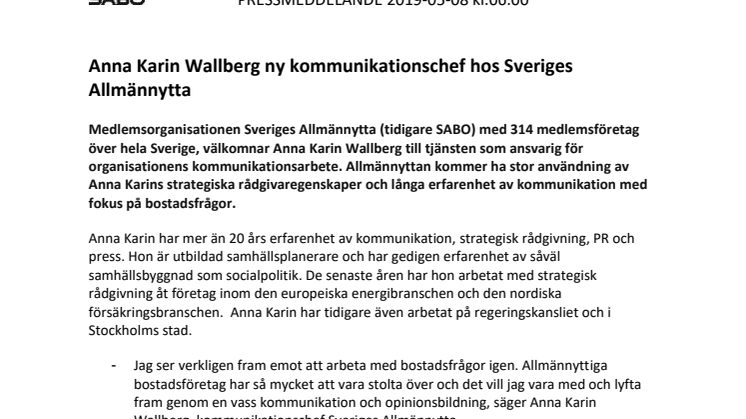 Anna Karin Wallberg ny kommunikationschef hos Sveriges Allmännytta 