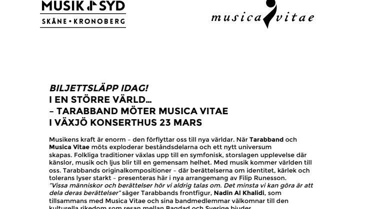 Biljettsläpp idag! I en större värld... – Tarabband möter Musica Vitae i Växjö Konserthus 23 mars
