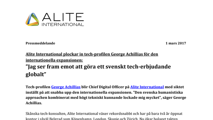 Alite International plockar in tech-profilen George Achillias för den internationella expansionen: ”Jag ser fram emot att göra ett svenskt tech-erbjudande globalt” 