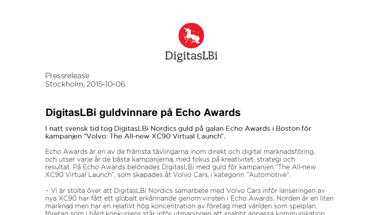 DigitasLBi guldvinnare på Echo Awards