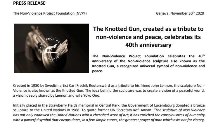 The Non-Violence Project Foundation celebrates the 40th anniversary of the Knotted Gun 
