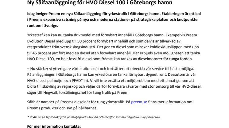 Ny Såifaanläggning för HVO Diesel 100 i Göteborgs hamn 