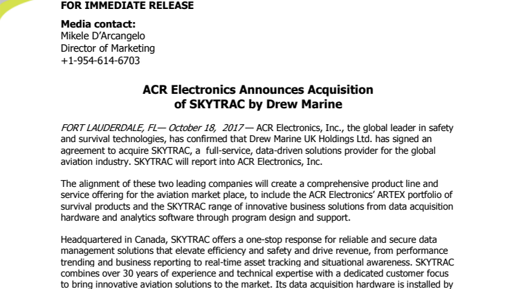 ACR Electronics Announces Acquisition  of SKYTRAC by Drew Marine