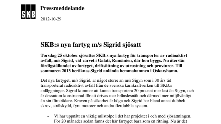 SKB:s nya fartyg m/s Sigrid sjösatt