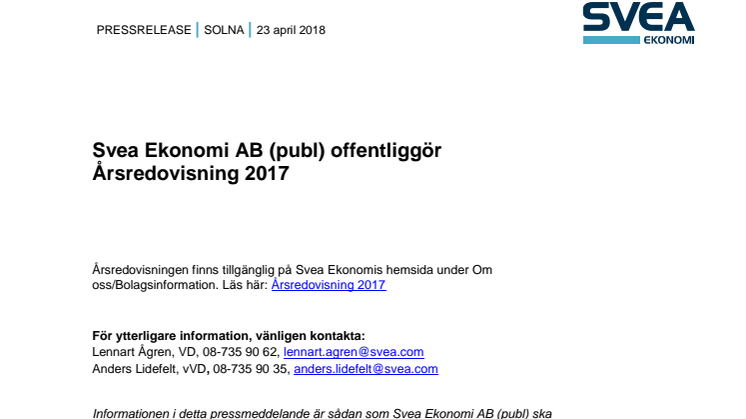 Svea Ekonomi AB (publ) offentliggör Årsredovisning 2017