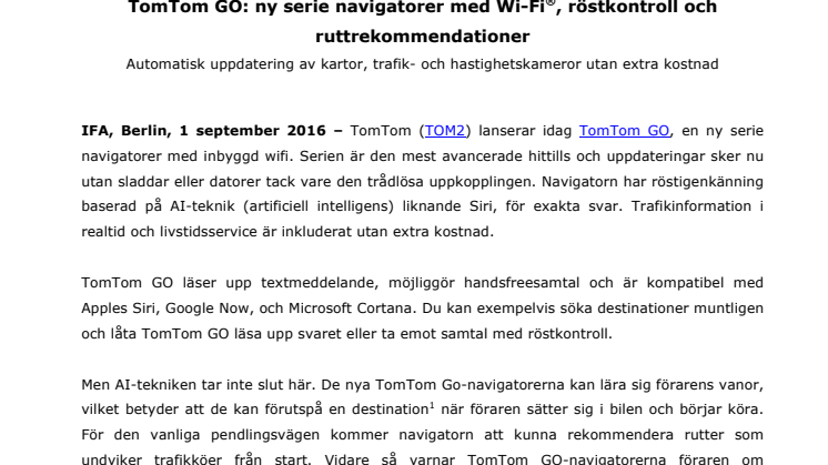 TomTom GO: ny serie navigatorer med wifi, röstkontroll och ruttrekommendationer  
