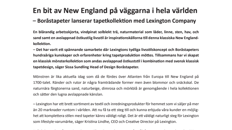 En bit av New England på väggarna i hela världen - Boråstapeter lanserar tapetkollektion med Lexington Company