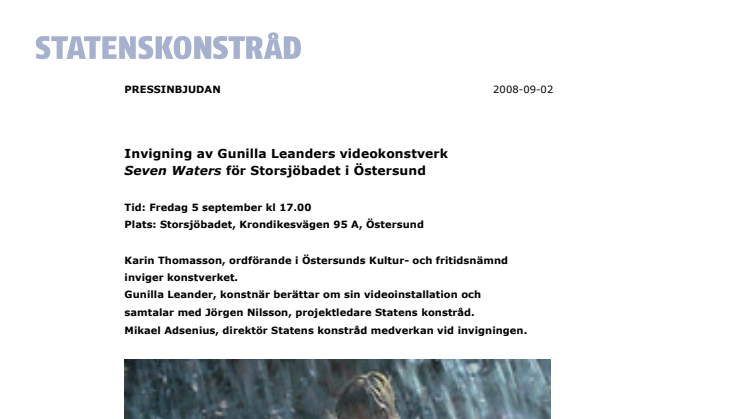 PRESSINBJUDAN: Invigning av Gunilla Leanders videokonstverk Seven Waters för Storsjöbadet i Östersund