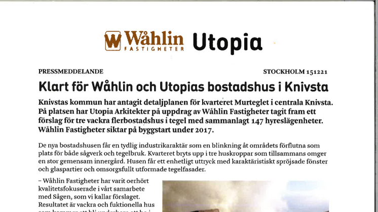 Klart för Wåhlin och Utopias bostadshus i Knivsta