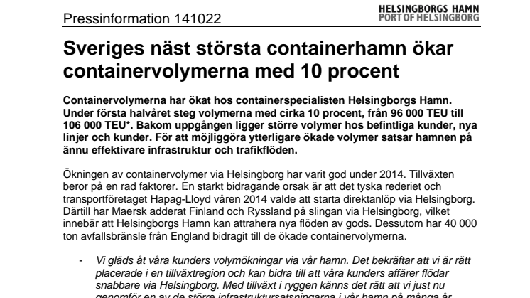 Sveriges näst största containerhamn ökar containervolymerna med 10 procent