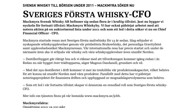 Svensk whisky till börsen under 2011 – Mackmyra söker nu Sveriges första whisky-CFO