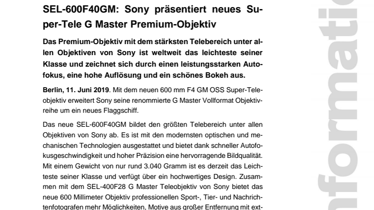 SEL-600F40GM: Sony präsentiert neues Super-Tele G Master Premium-Objektiv 