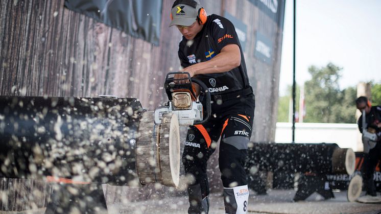 Ferry Svan under Nordiska Mästerskapen 2018 där han slutade på en fjärdeplats. Foto: STIHL TIMBERSPORTS®.