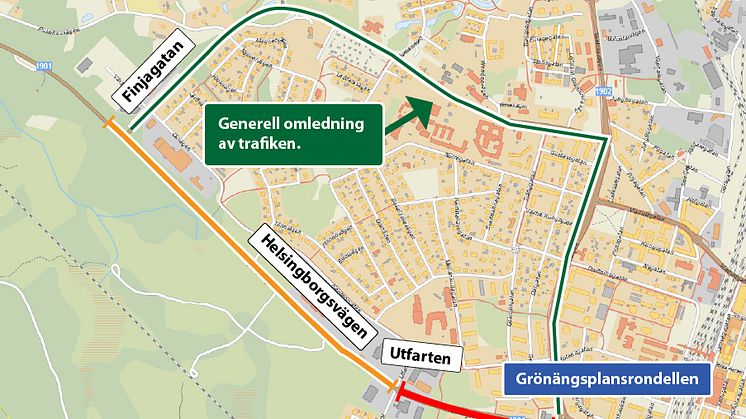 Karta över vägarbetet och omledning av trafiken.