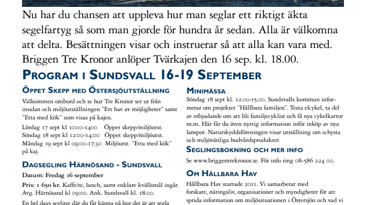 Hållbara Hav och briggen Tre Kronor gästar Sundsvall 16-19 september