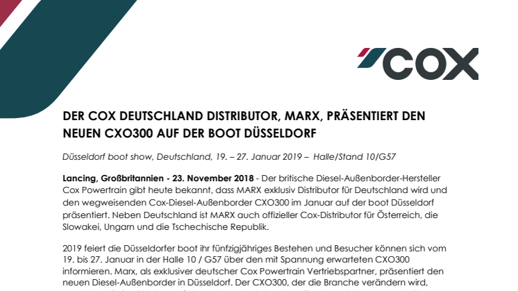 Cox Powertrain: Der Cox Deutschland Distributor, MARX, Präsentiert Den Neuen CXO300 Auf Der Boot Düsseldorf