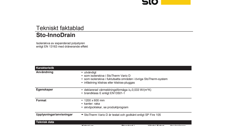 Tekniskt faktablad isolerskiva Sto-InnoDrain