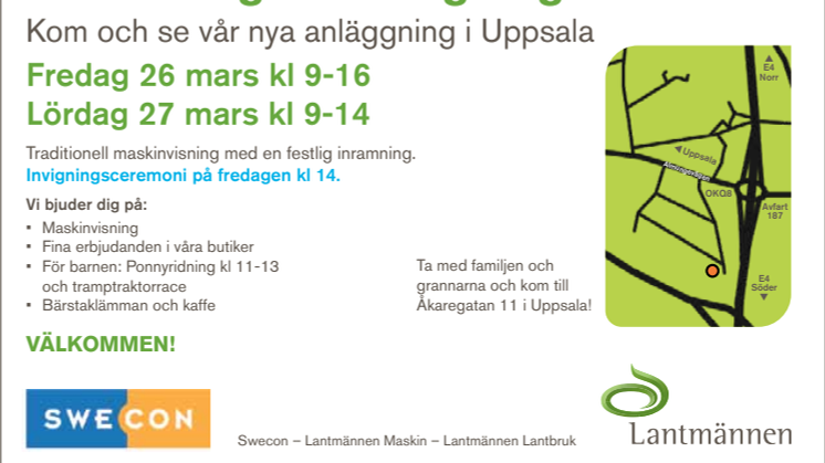 Swecon och Lantmännen bjuder in till maskindagar och invigningsfest i Uppsala 26-27 mars!