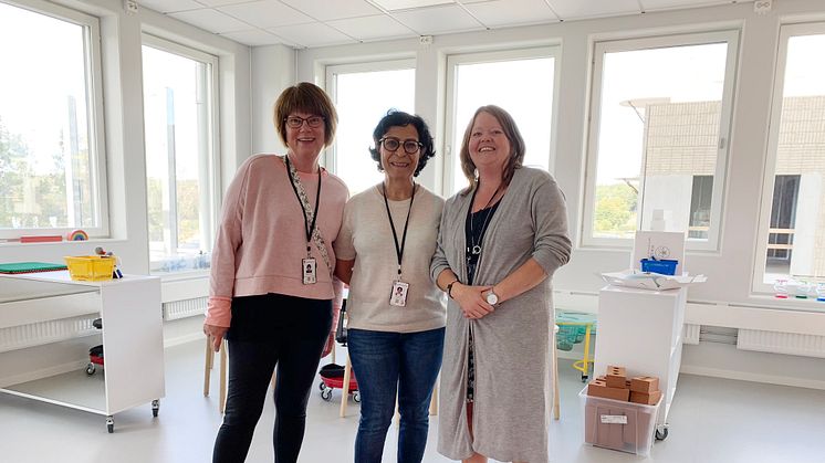 Pedagogerna Maud, Zahra och Anki ser fram emot en spännande höst på den nya förskolan i Umami Park.